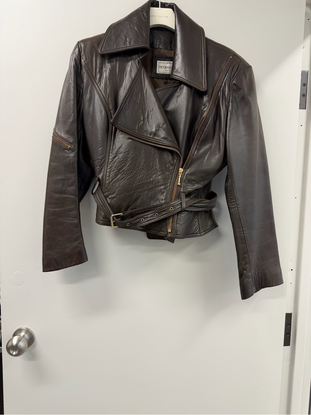 henri bendel Dark Brown Leather Moto Jacket with Belted Waist